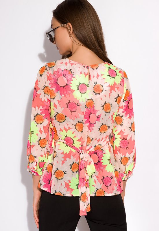 Блуза женская в цветочный принт 148P90005 (бежевый/коралловый)