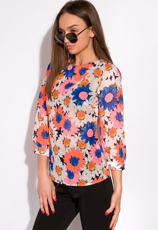 Блуза жіноча в квітковий принт 148P90005 (кораловий/синій)
