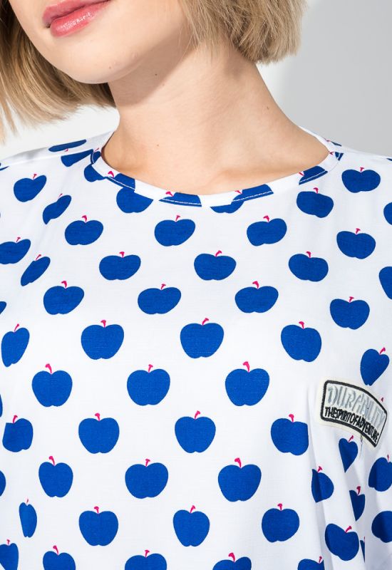 Блузка жіноча принт «Яблуко» 64PD286-7 (білий/синій)