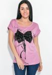 Футболка жіноча принтована з мереживом та паєтками 81P037 (фрезовий)