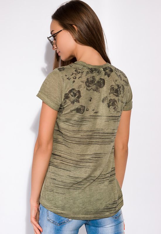 Жіноча футболка з принтом на грудях 148P017-3 (оливковий)