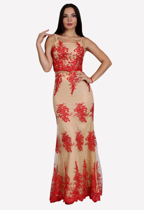 G 0829 Вечернее платье в виде топа на тонкихбретелях и юбки (красный)