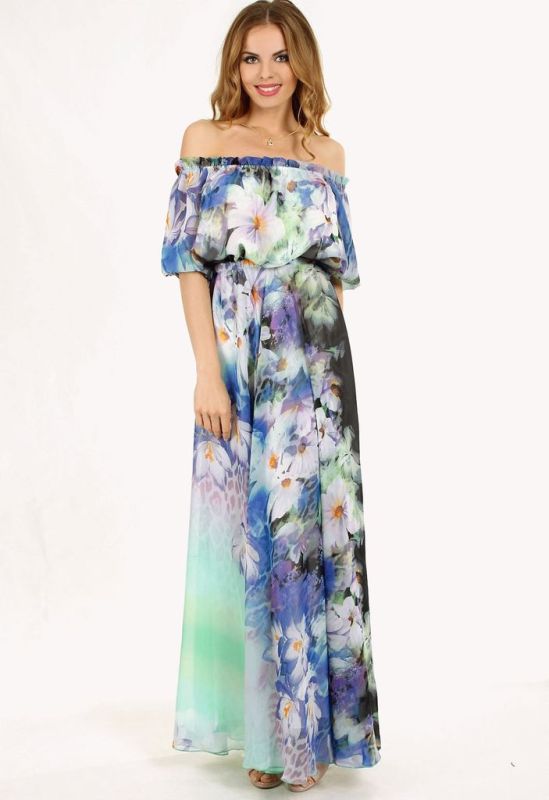G 0851 Легкое вечерние платья из шифона с цветочным принтом (мятный)