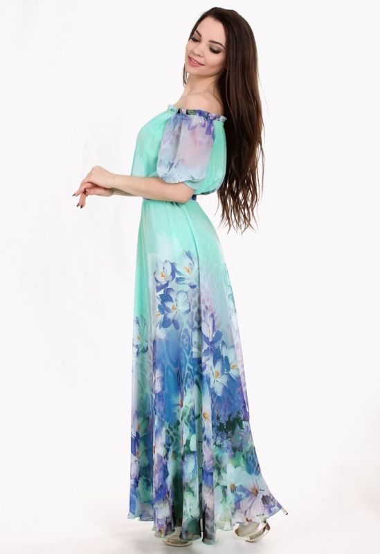 G 0851 Легкое вечерние платья из шифона с цветочным принтом (мятный)