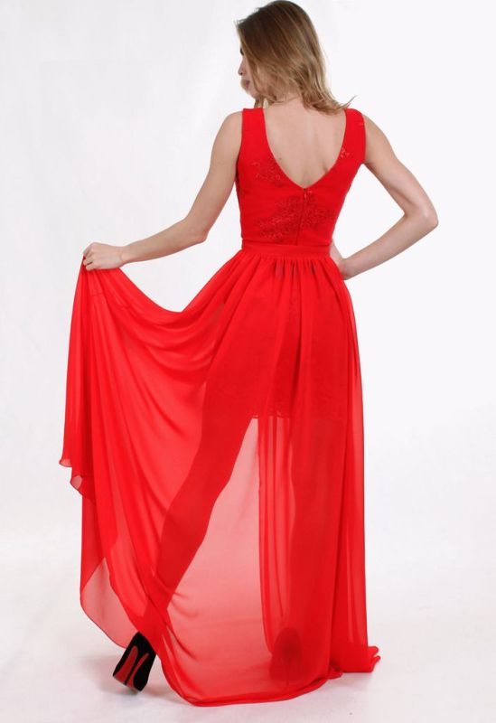 G 2073 Вечернее платье-трансформер в виде гипюрового футляра и съемной шифоновой юбки (красный)