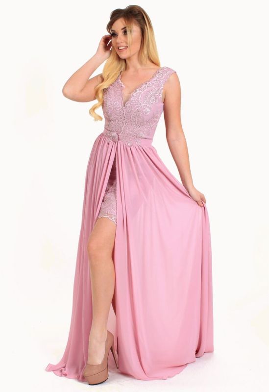 G 2073 Вечернее платье-трансформер в виде гипюрового футляра и съемной шифоновой юбки (фрезовый)