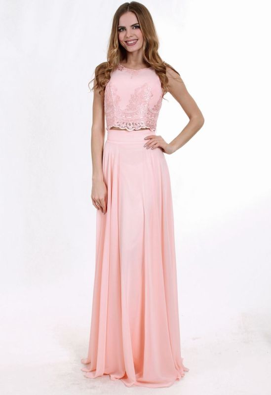 G 2081 Вечернее платье в виде топа из гипюра и длинной шифоновой юбки (персиковый)