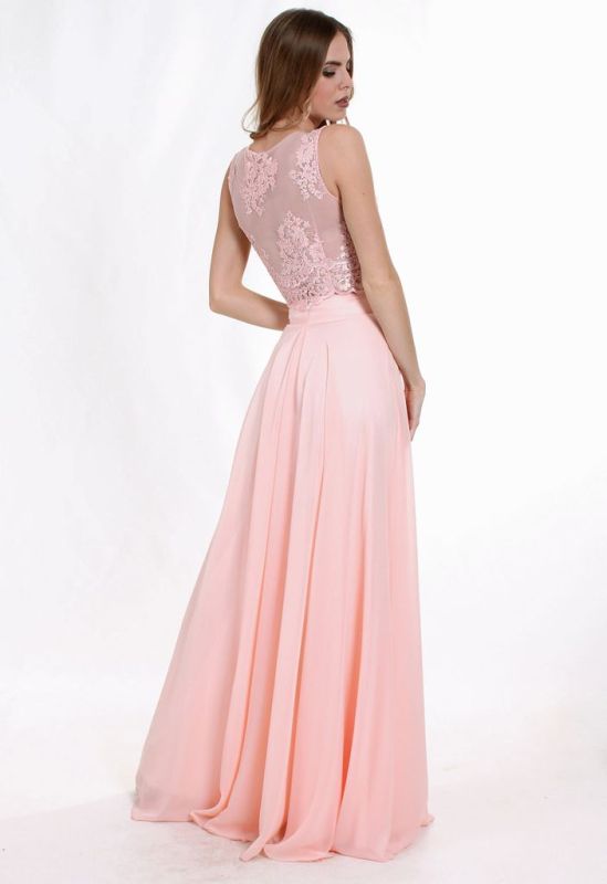 G 2081 Вечірня сукня у вигляді топу з гіпюру та довгої спідниці шифонової (персиковий)