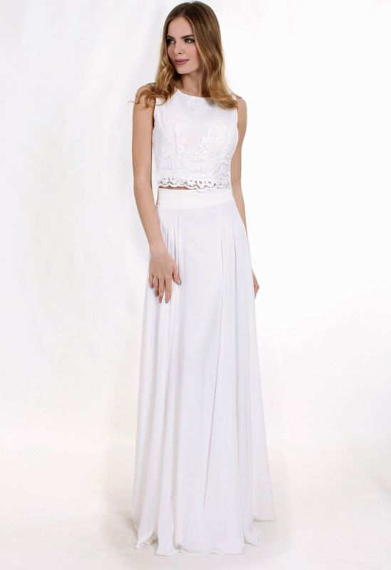 G 2081 Вечернее платье в виде топа из гипюра и длинной шифоновой юбки (молочный)