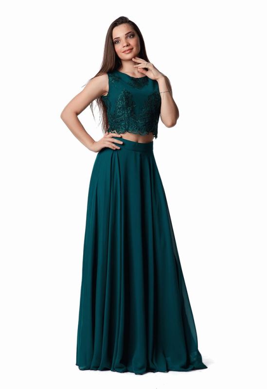 G 2081 Вечірня сукня у вигляді топу з гіпюру та довгої спідниці шифонової (зелений)