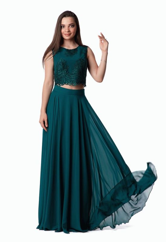 G 2081 Вечернее платье в виде топа из гипюра и длинной шифоновой юбки (зеленый)