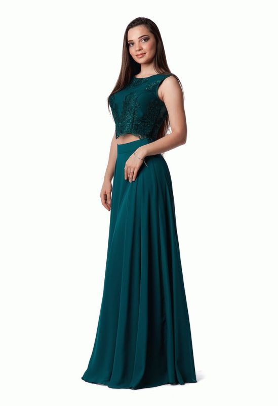 G 2081 Вечернее платье в виде топа из гипюра и длинной шифоновой юбки (зеленый)