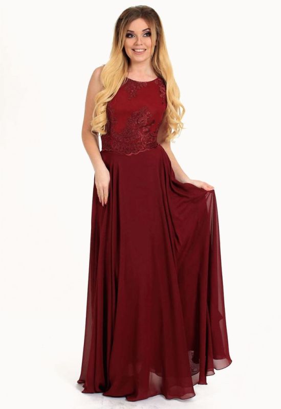 G 2081 Вечірня сукня у вигляді топу з гіпюру та довгої спідниці шифонової (бордовий)