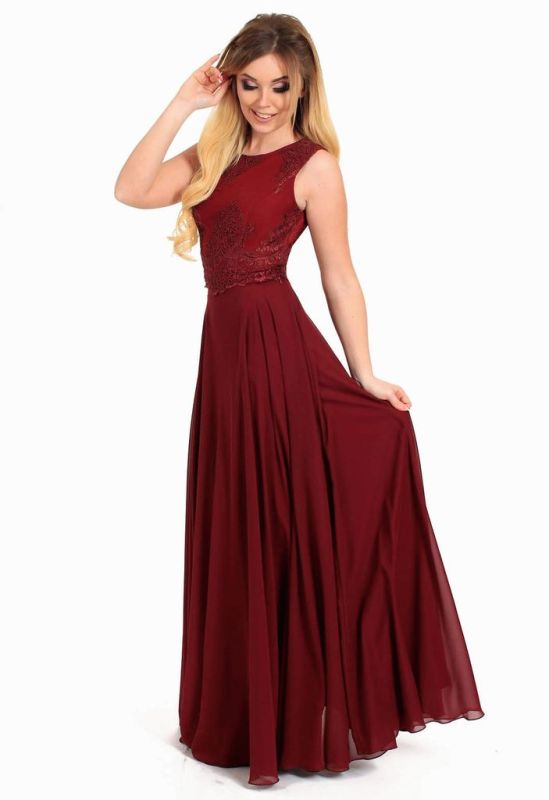 G 2081 Вечернее платье в виде топа из гипюра и длинной шифоновой юбки (бордовый)