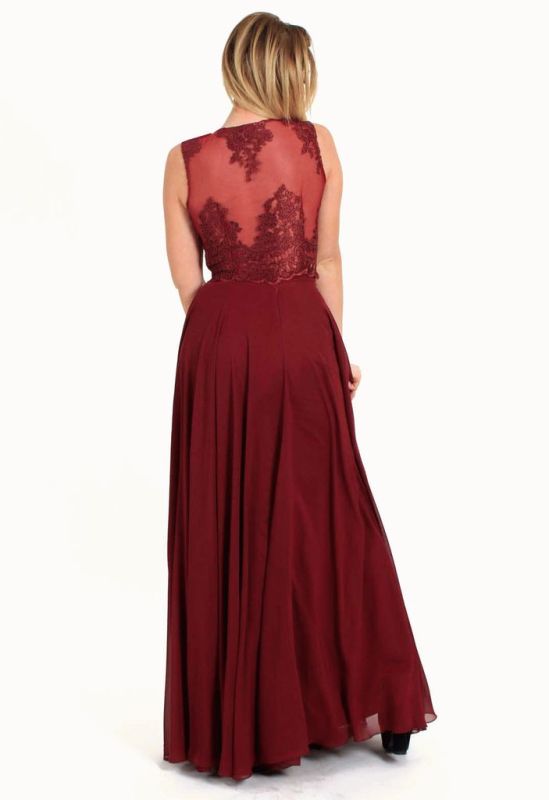 G 2081 Вечірня сукня у вигляді топу з гіпюру та довгої спідниці шифонової (бордовий)