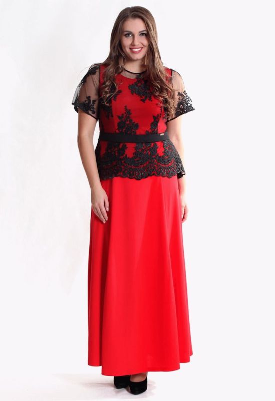 G 2168 A Платье вечернее с юбкой годе и баской из гипюра (черный/красный)