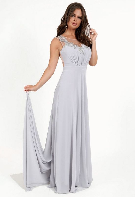 G 2213 Платье вечернее с ручной вышивкой и шлейфом (серебряный)