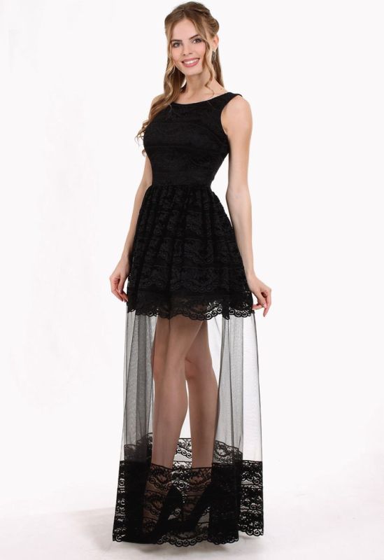G 2219 Платье вечернее с кружевом шантильи и вставкой из сетки (черный)