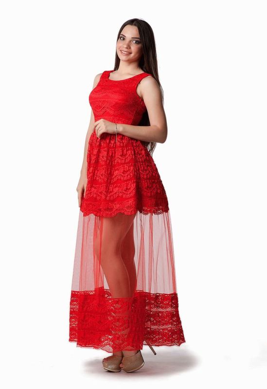 G 2219 Сукня вечірня з мереживом шантильї та вставкою з сітки (червоний)