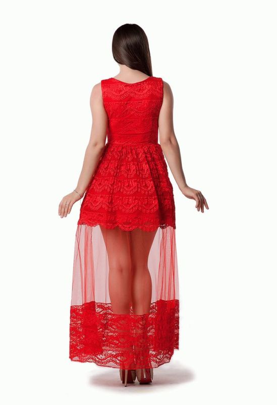 G 2219 Сукня вечірня з мереживом шантильї та вставкою з сітки (червоний)