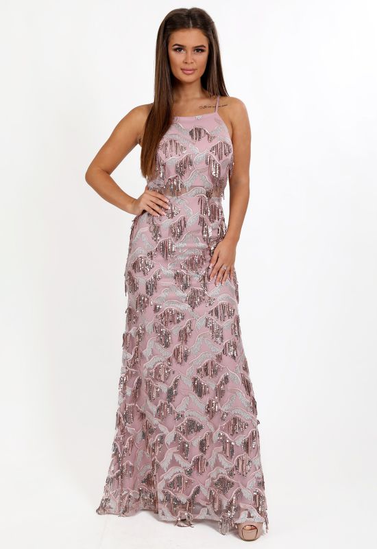 G 2258 Платье вечернее из ткани с бахромой в виде паетки (розовый)