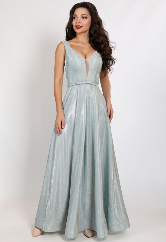 G 2282 2 Платье вечернее из сияющего люриксового трикотажа с V-образным вырезом (оливковый)