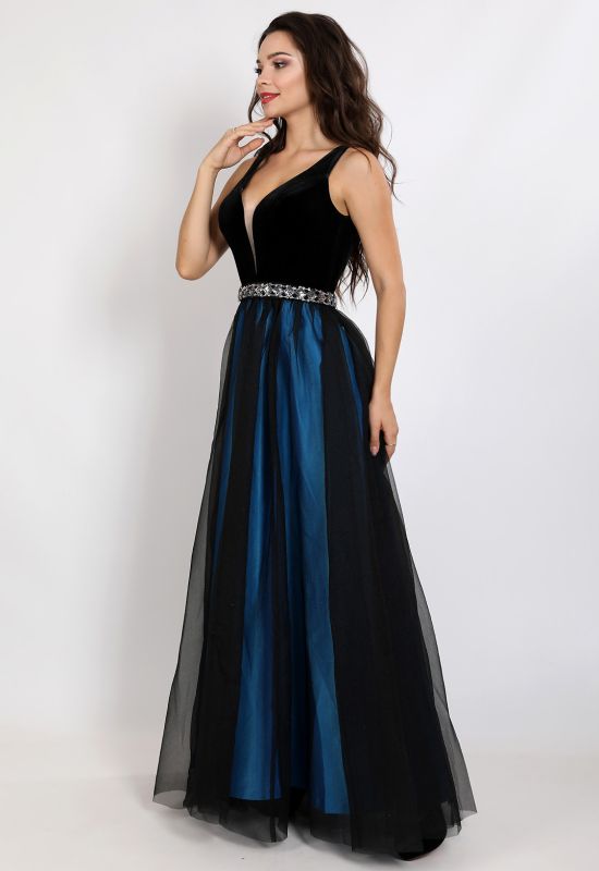 G 2305 1 Платье вечернее в виде бархатного лифа и двухслойной юбки из органзы и атласа (черный)