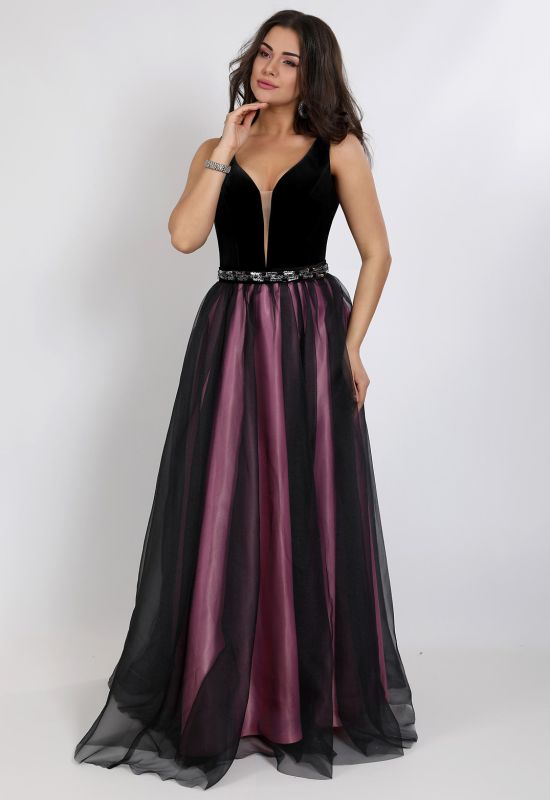 G 2305 1 Вечірня сукня у вигляді оксамитового ліфа та двошарової спідниці з органзи та атласу (чорний/рожевий)