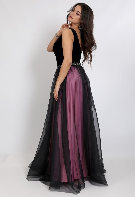G 2305 1 Платье вечернее в виде бархатного лифа и двухслойной юбки из органзы и атласа (черный/розовый)