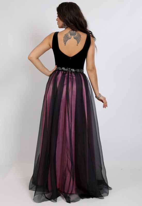 G 2305 1 Вечірня сукня у вигляді оксамитового ліфа та двошарової спідниці з органзи та атласу (чорний/рожевий)
