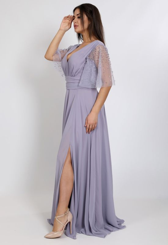 G 2316 Платье вечернее с россыпью жемчуга на рукавах (серебряный)