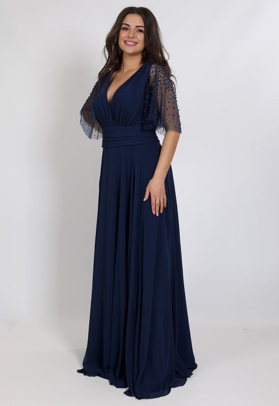 G 2316 Вечірнє плаття з розсипом перлів на рукавах (темно-синій)