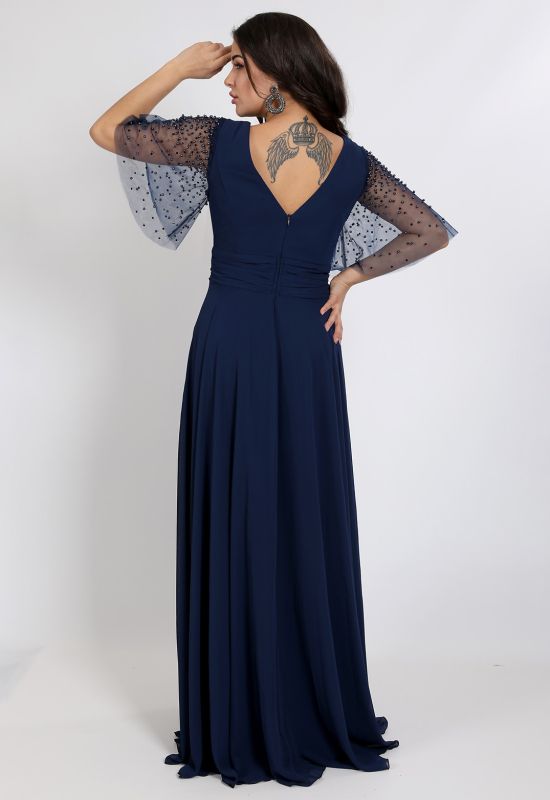 G 2316 Платье вечернее с россыпью жемчуга на рукавах (темно-синий)
