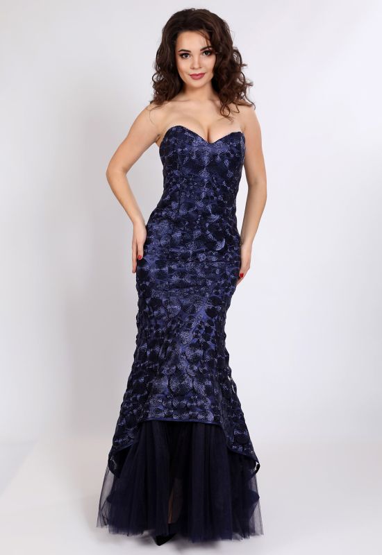 G 2322 Платье вечернее из шикарного кругового гипюра с фатиновой подкладкой (темно-синий)