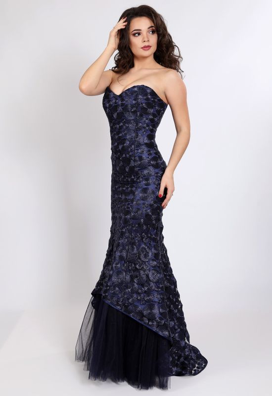 G 2322 Платье вечернее из шикарного кругового гипюра с фатиновой подкладкой (темно-синий)