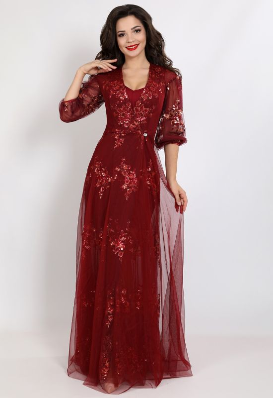 G 2331 Платье-двойка вечернее из сарафана и гипюровой накидки вышитой пайетками (бордовый)