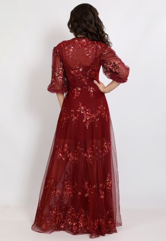 G 2331 Платье-двойка вечернее из сарафана и гипюровой накидки вышитой пайетками (бордовый)