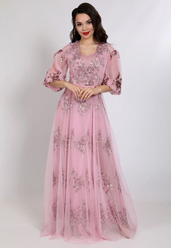G 2331 Платье-двойка вечернее из сарафана и гипюровой накидки вышитой пайетками (розовый)