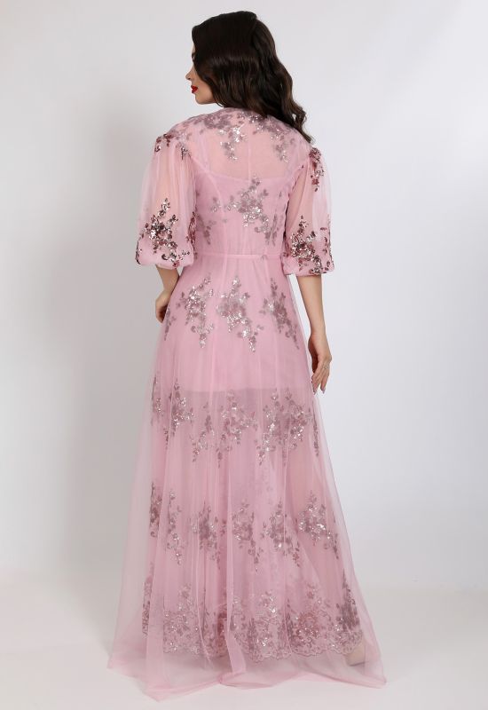 G 2331 Платье-двойка вечернее из сарафана и гипюровой накидки вышитой пайетками (розовый)