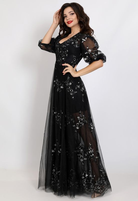 G 2331 Платье-двойка вечернее из сарафана и гипюровой накидки вышитой пайетками (черный)