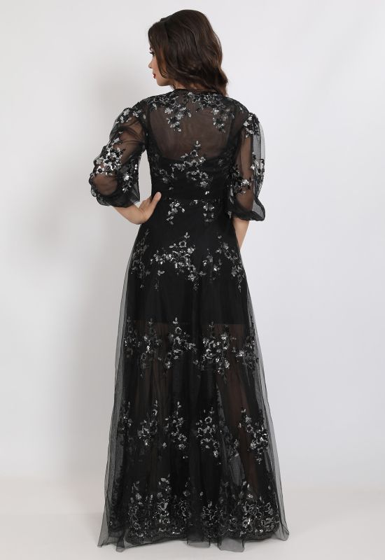 G 2331 Платье-двойка вечернее из сарафана и гипюровой накидки вышитой пайетками (черный)