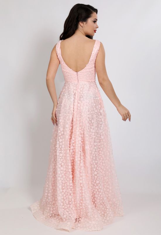 G 2332 Платье вечернее с 3D-цветами на сетке и треугольным вырезом на спинке (персиковый)