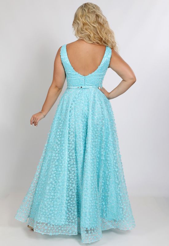 G 2332 Платье вечернее с 3D-цветами на сетке и треугольным вырезом на спинке (синий)