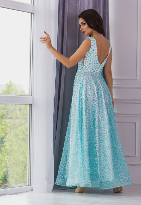 G 2332 Платье вечернее с 3D-цветами на сетке и треугольным вырезом на спинке (синий/слоновая кость)