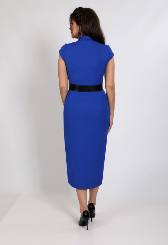 G 2343 Платье деловое с гипюровой вставкой и поясом из экокожи (синий)