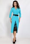 G 2345 Платье деловое с гипюровой вставкой и поясом (бирюзовый)