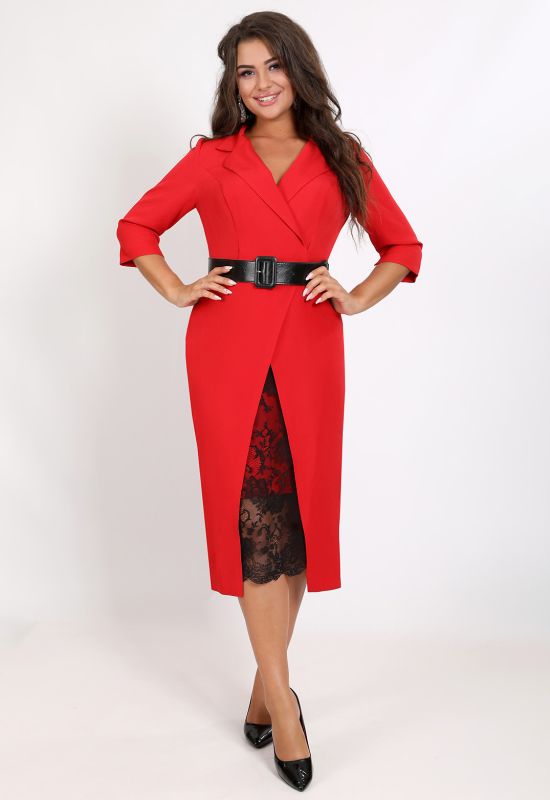 G 2345 Платье деловое с гипюровой вставкой и поясом (красный)