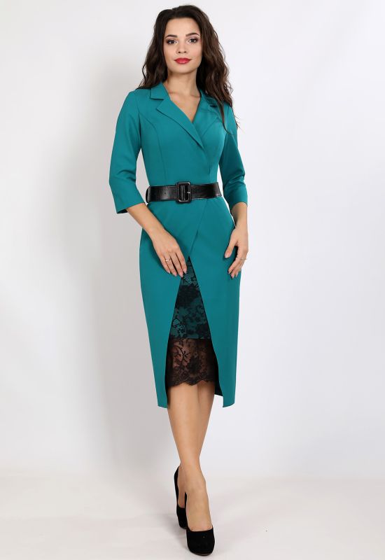G 2345 Платье деловое с гипюровой вставкой и поясом (темно-зеленый)