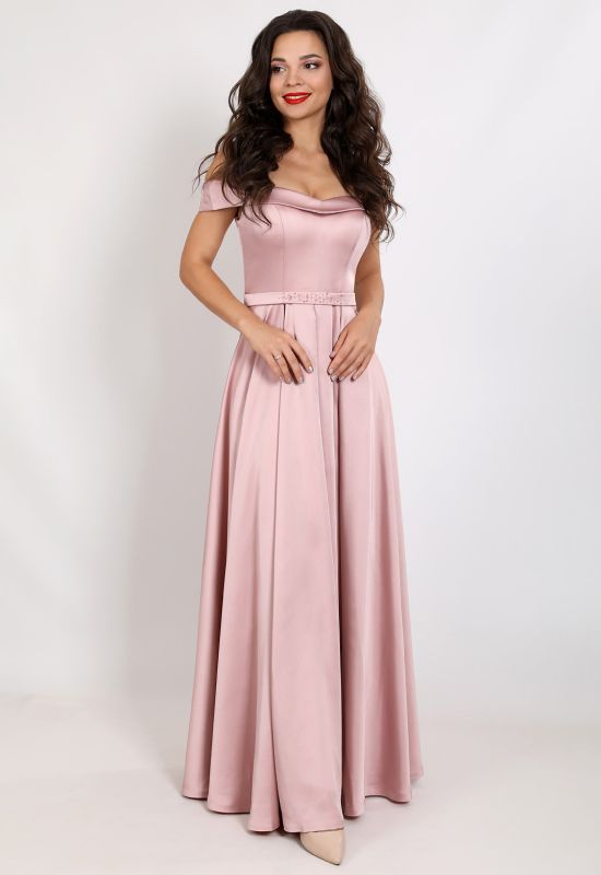 G 2355 Платье вечернее из мягкого атласа с расшитым поясом (розовый)