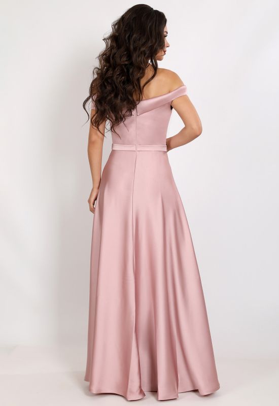 G 2355 Платье вечернее из мягкого атласа с расшитым поясом (розовый)
